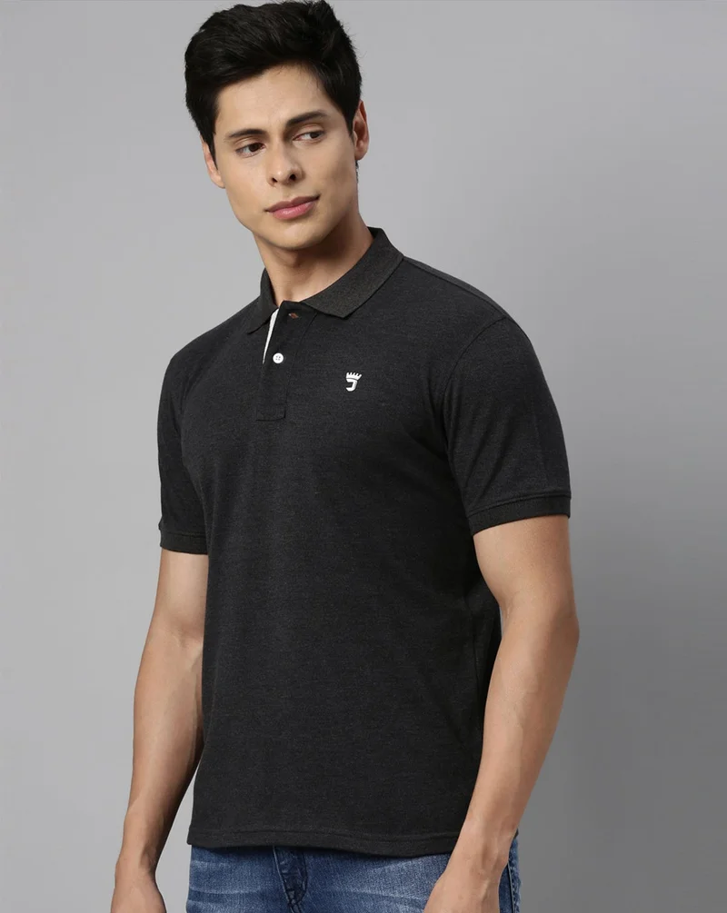 Joven Men Black Melange Solid Polo Collar Pure Cotton T-Shirt